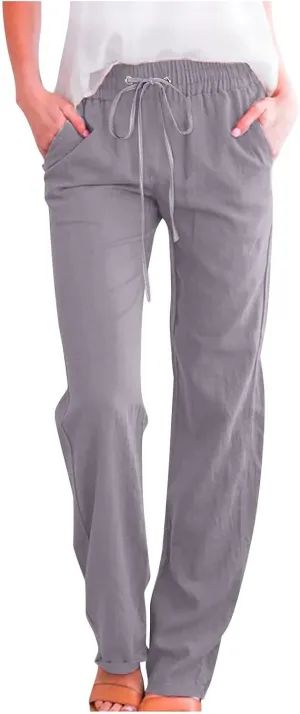 Womens Linen Pants Comfy Summer Pants High Waisted Casual Pants Straight Leg Work Pants Pull On Trousers with Pockets