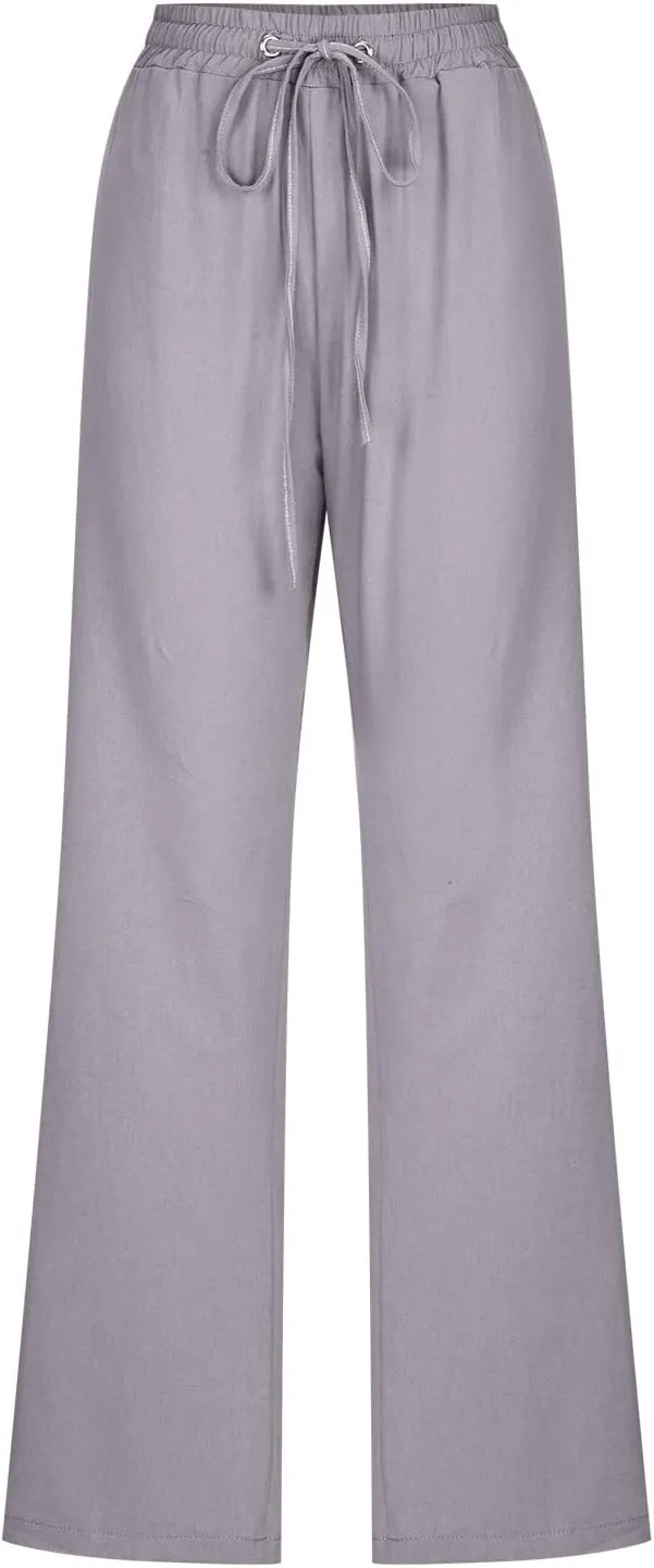 Womens Linen Pants Comfy Summer Pants High Waisted Casual Pants Straight Leg Work Pants Pull On Trousers with Pockets