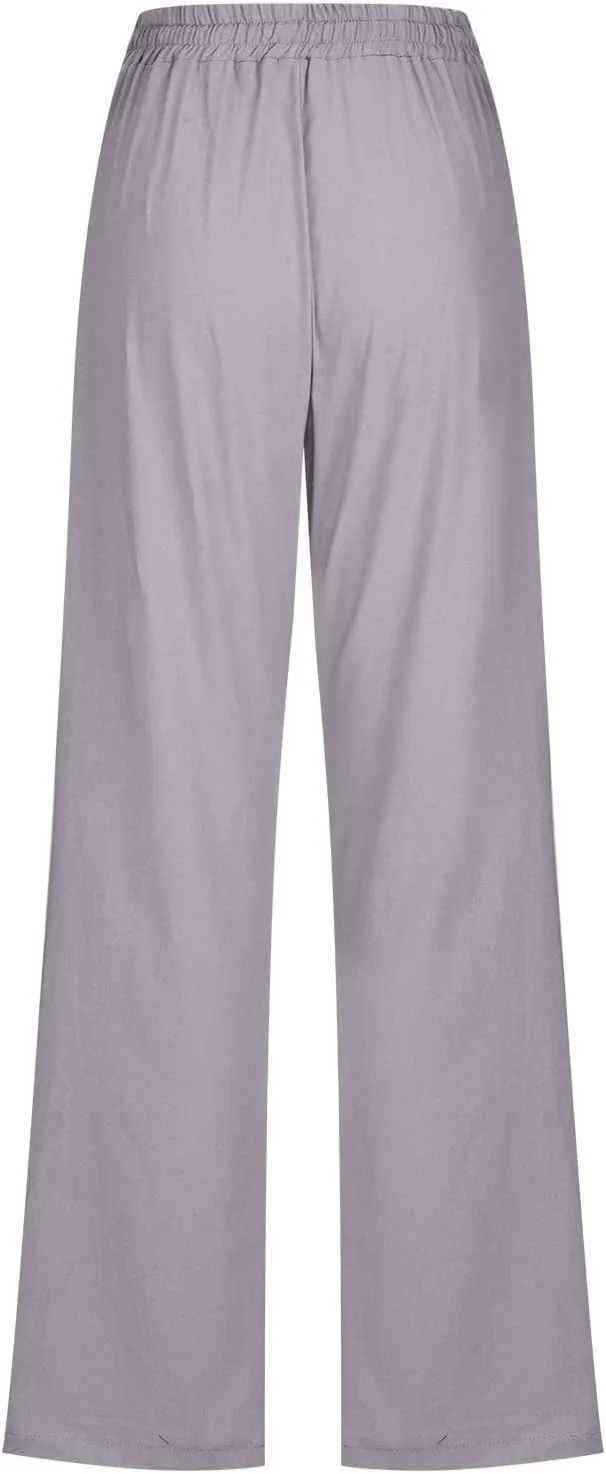 Womens Linen Pants Comfy Summer Pants High Waisted Casual Pants Straight Leg Work Pants Pull On Trousers with Pockets