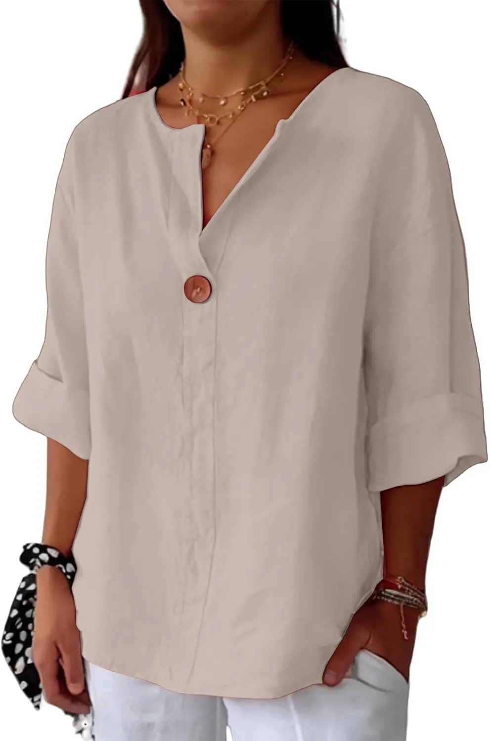 Women's Linen Shirt Casual Button V Neck Long Sleeve Shirts Breathable Lightweight Summer T Shirts Solid Blouses Tops