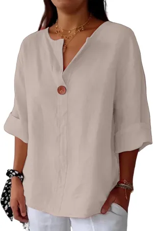 Women's Linen Shirt Casual Button V Neck Long Sleeve Shirts Breathable Lightweight Summer T Shirts Solid Blouses Tops