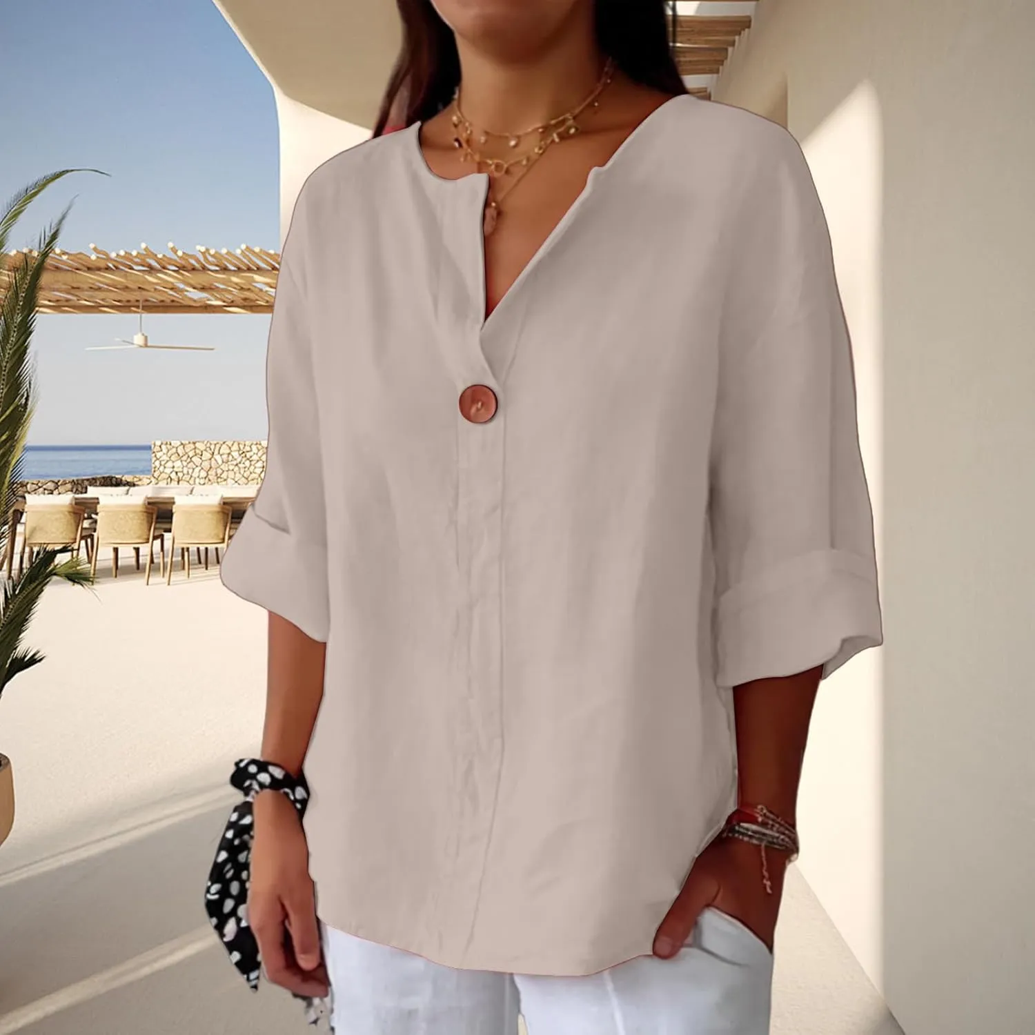 Women's Linen Shirt Casual Button V Neck Long Sleeve Shirts Breathable Lightweight Summer T Shirts Solid Blouses Tops