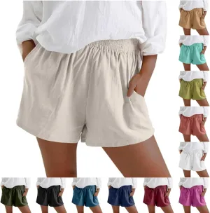 Womens Linen Shorts Elastic Waist Bermuda Shorts Solid Color High Waisted Shorts Women Casual Shorts with Pockets