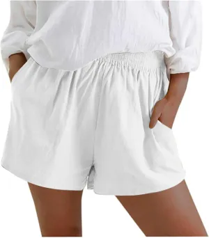 Womens Linen Shorts Elastic Waist Bermuda Shorts Solid Color High Waisted Shorts Women Casual Shorts with Pockets