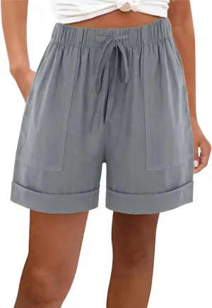 Womens Linen Shorts with Pockets High Waisted 2025 Summer Shorts Fashion Beach Cruise Shorts Soft Loungewear