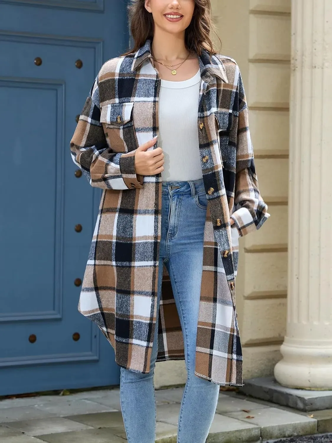 Women's Long Plaid Flannel Shacket Jacket Plus Size Button Down Lapel Shirt Long Sleeve Casual Loose Trench Coats