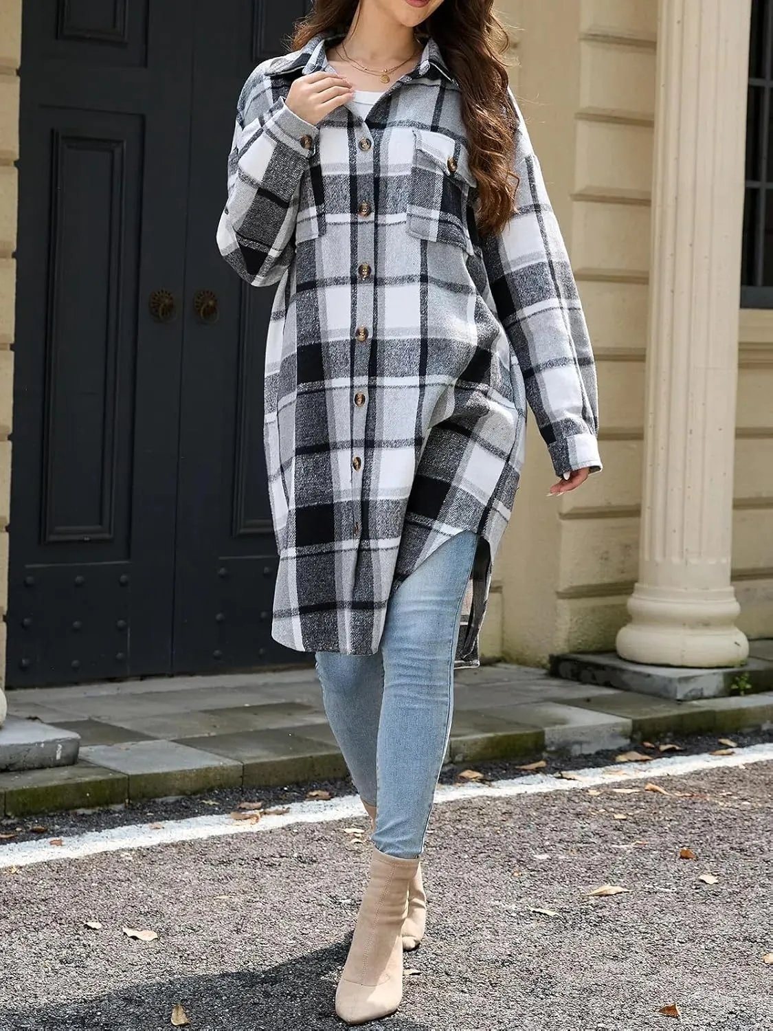 Women's Long Plaid Flannel Shacket Jacket Plus Size Button Down Lapel Shirt Long Sleeve Casual Loose Trench Coats