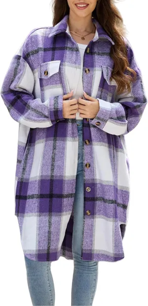 Women's Long Plaid Flannel Shacket Jacket Plus Size Button Down Lapel Shirt Long Sleeve Casual Loose Trench Coats
