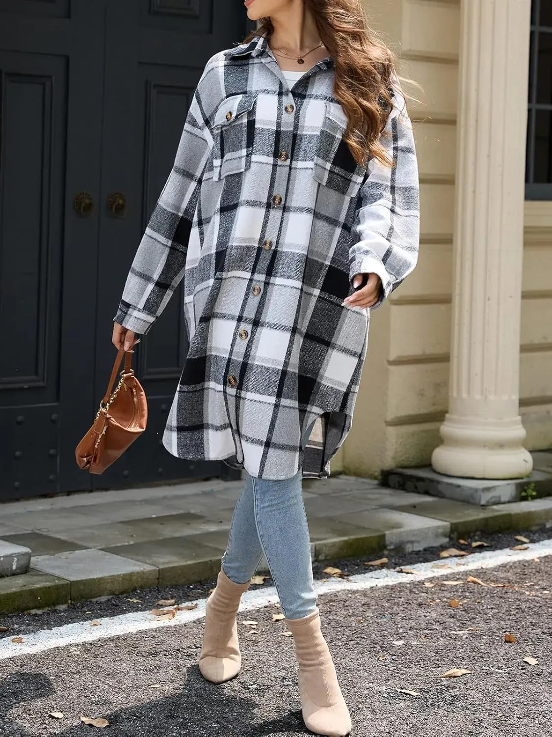 Women's Long Plaid Flannel Shacket Jacket Plus Size Button Down Lapel Shirt Long Sleeve Casual Loose Trench Coats