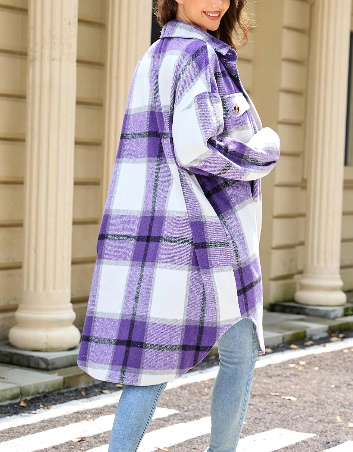 Women's Long Plaid Flannel Shacket Jacket Plus Size Button Down Lapel Shirt Long Sleeve Casual Loose Trench Coats