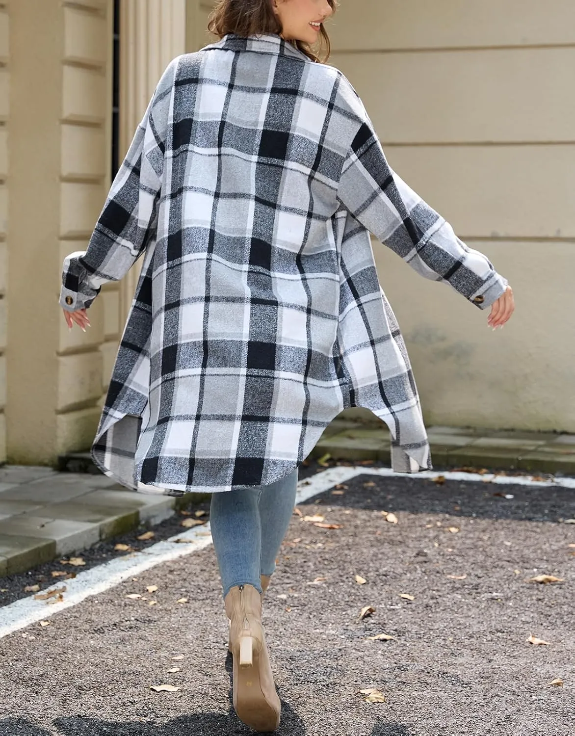 Women's Long Plaid Flannel Shacket Jacket Plus Size Button Down Lapel Shirt Long Sleeve Casual Loose Trench Coats