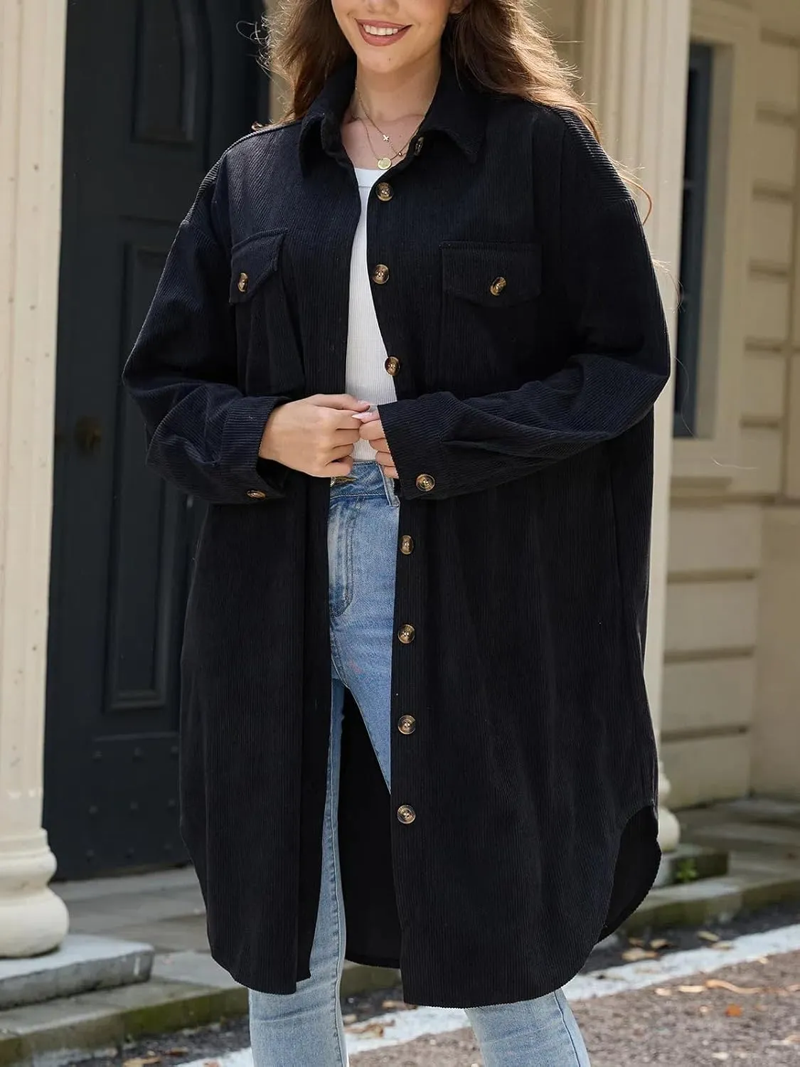Women's Long Plaid Flannel Shacket Jacket Plus Size Button Down Lapel Shirt Long Sleeve Casual Loose Trench Coats