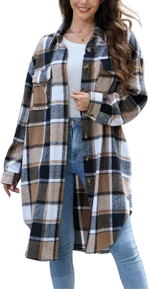 Women's Long Plaid Flannel Shacket Jacket Plus Size Button Down Lapel Shirt Long Sleeve Casual Loose Trench Coats
