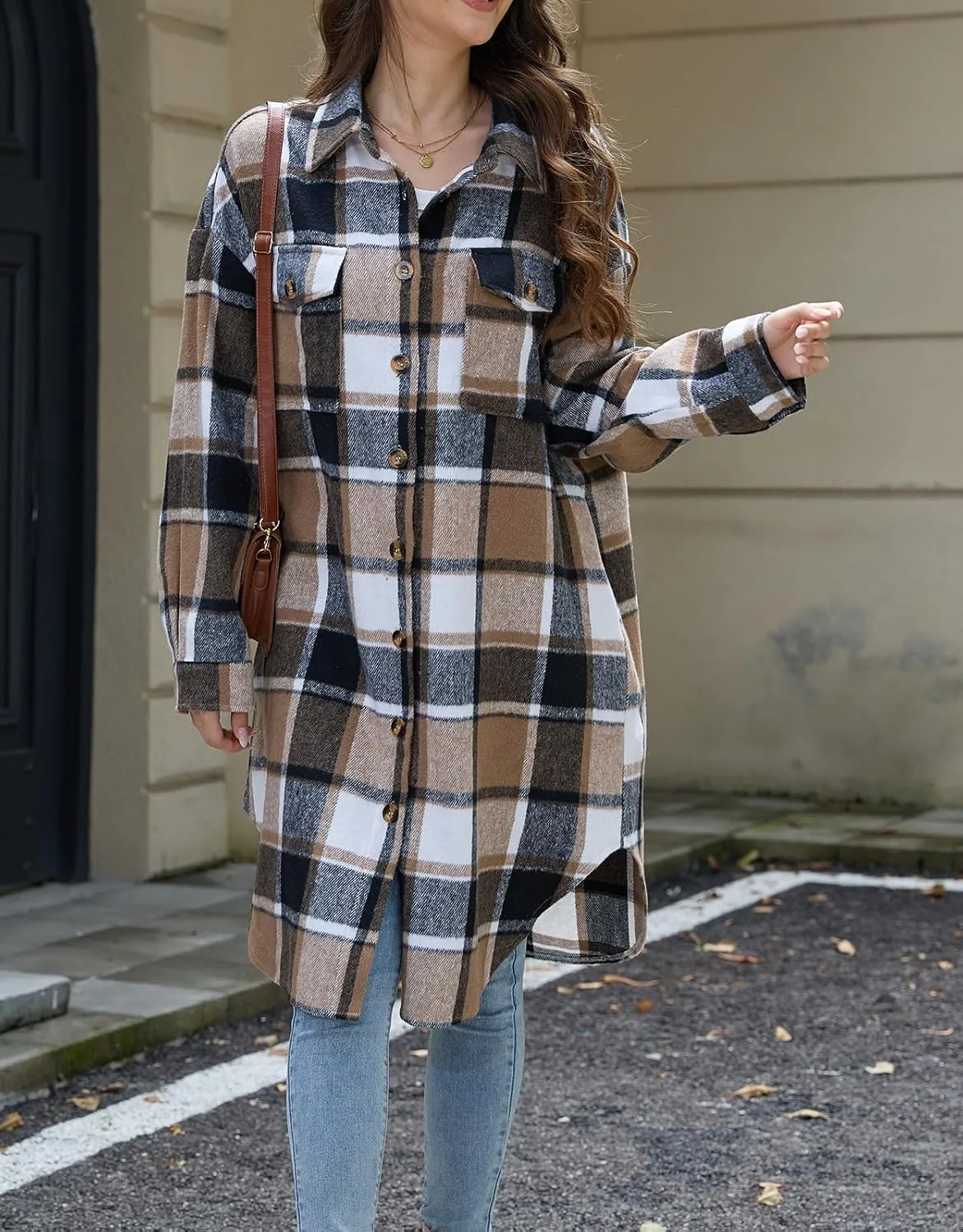 Women's Long Plaid Flannel Shacket Jacket Plus Size Button Down Lapel Shirt Long Sleeve Casual Loose Trench Coats