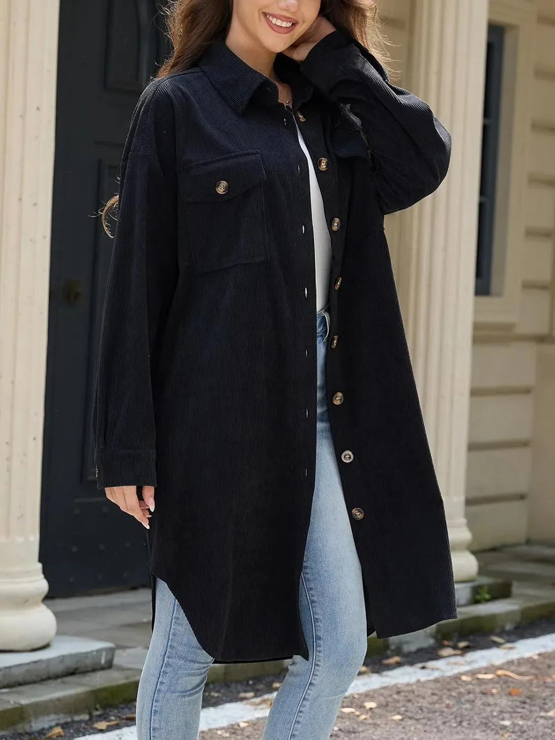 Women's Long Plaid Flannel Shacket Jacket Plus Size Button Down Lapel Shirt Long Sleeve Casual Loose Trench Coats