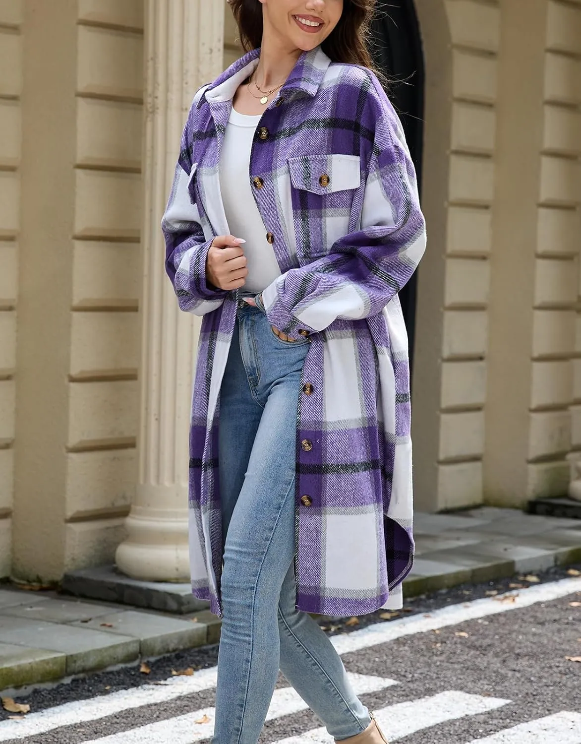 Women's Long Plaid Flannel Shacket Jacket Plus Size Button Down Lapel Shirt Long Sleeve Casual Loose Trench Coats