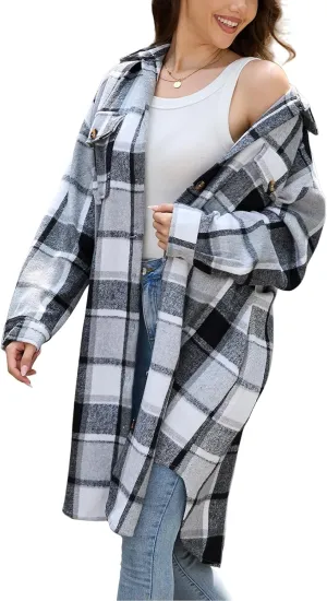 Women's Long Plaid Flannel Shacket Jacket Plus Size Button Down Lapel Shirt Long Sleeve Casual Loose Trench Coats