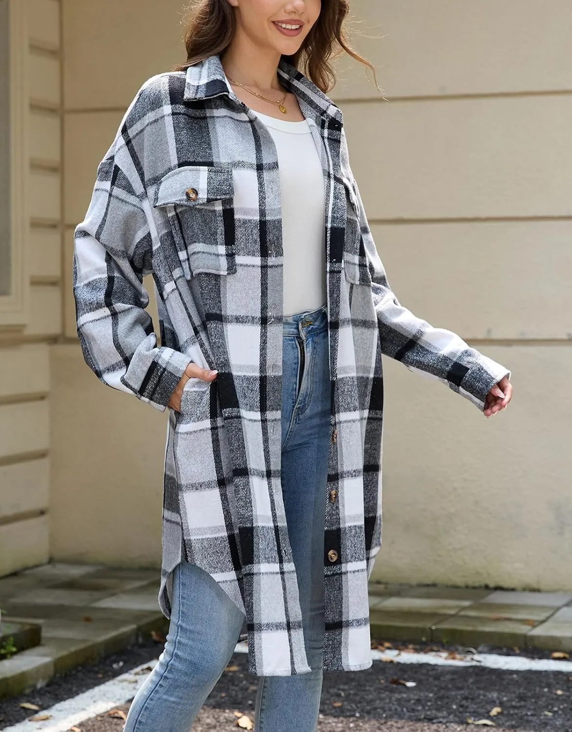 Women's Long Plaid Flannel Shacket Jacket Plus Size Button Down Lapel Shirt Long Sleeve Casual Loose Trench Coats