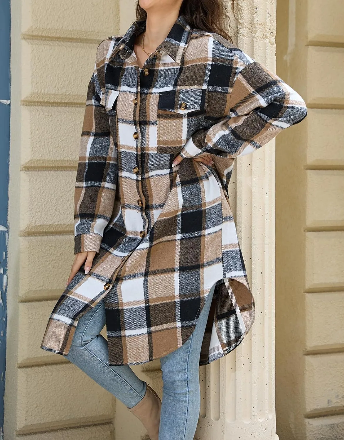 Women's Long Plaid Flannel Shacket Jacket Plus Size Button Down Lapel Shirt Long Sleeve Casual Loose Trench Coats