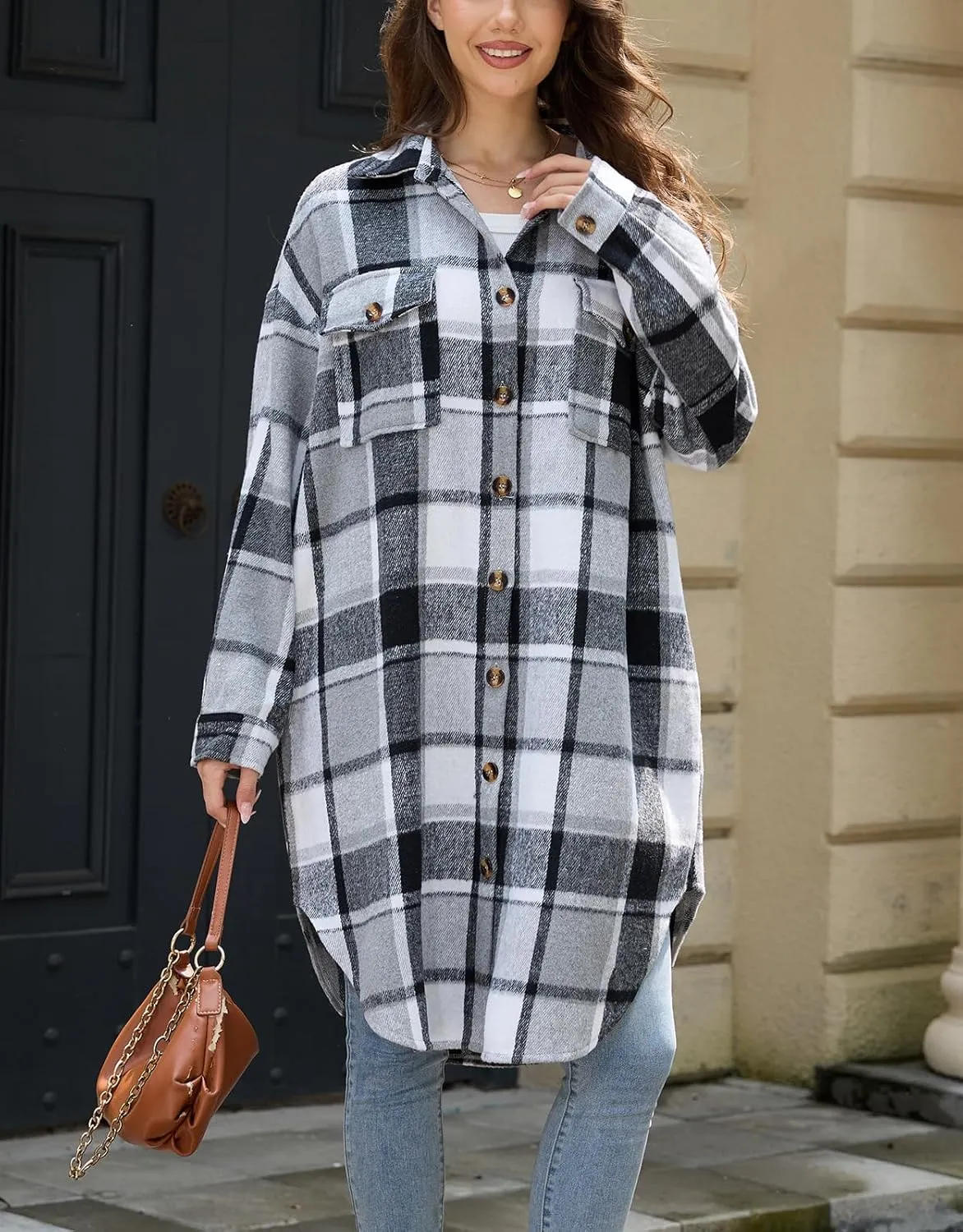 Women's Long Plaid Flannel Shacket Jacket Plus Size Button Down Lapel Shirt Long Sleeve Casual Loose Trench Coats