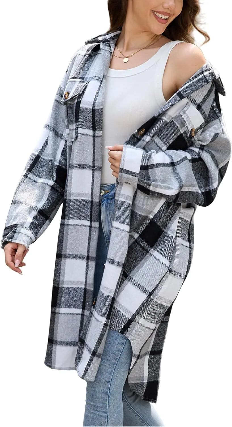 Women's Long Plaid Flannel Shacket Jacket Plus Size Button Down Lapel Shirt Long Sleeve Casual Loose Trench Coats