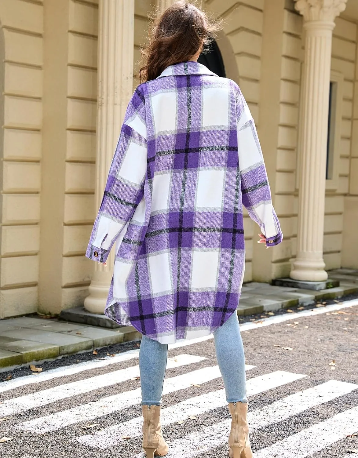 Women's Long Plaid Flannel Shacket Jacket Plus Size Button Down Lapel Shirt Long Sleeve Casual Loose Trench Coats