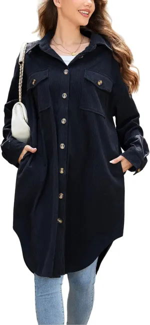 Women's Long Plaid Flannel Shacket Jacket Plus Size Button Down Lapel Shirt Long Sleeve Casual Loose Trench Coats
