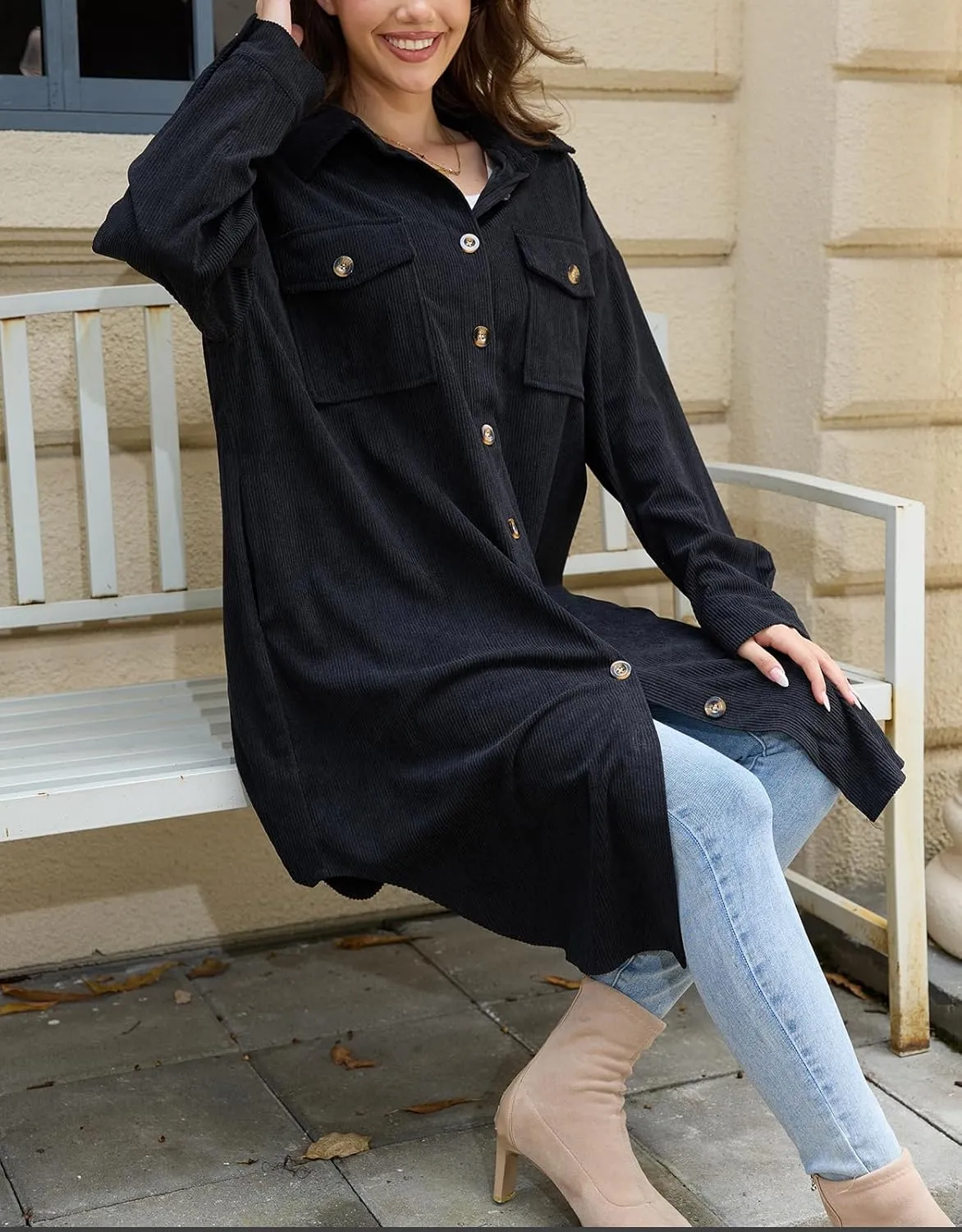Women's Long Plaid Flannel Shacket Jacket Plus Size Button Down Lapel Shirt Long Sleeve Casual Loose Trench Coats