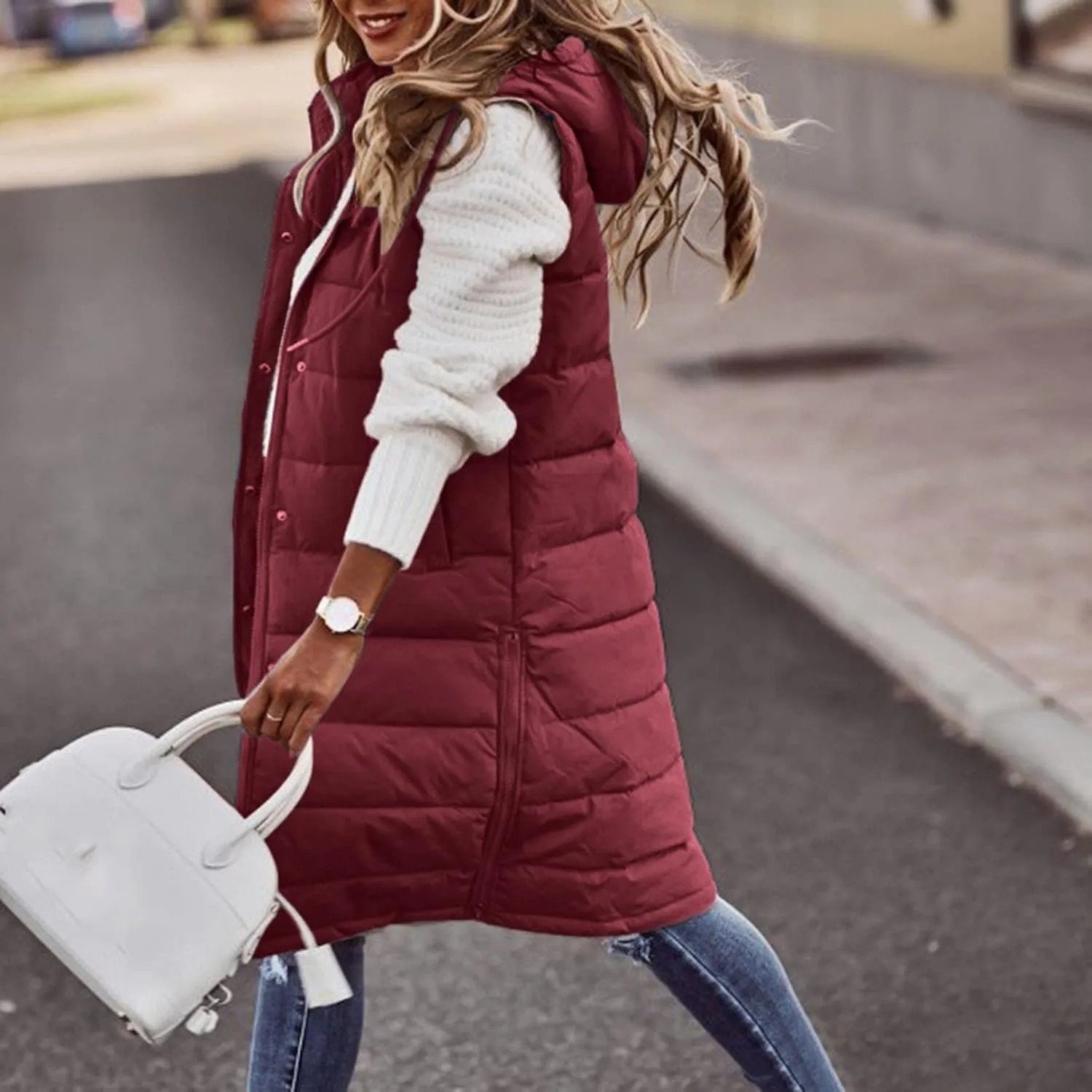 Women's Long Puffer Vest Winter Quilted Hooded Sleeveless Zip Up Down Outerwear Long Jacket Vest Gilet Coat with Pockets