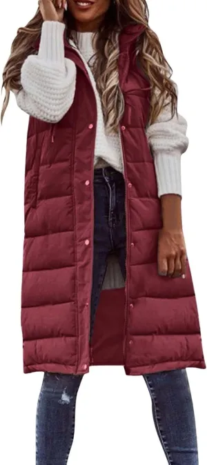 Women's Long Puffer Vest Winter Quilted Hooded Sleeveless Zip Up Down Outerwear Long Jacket Vest Gilet Coat with Pockets
