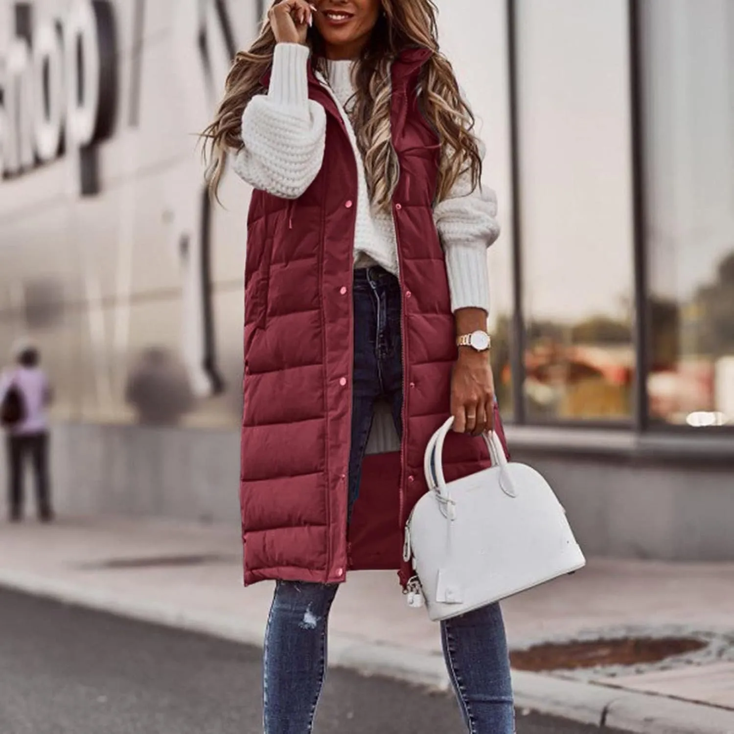 Women's Long Puffer Vest Winter Quilted Hooded Sleeveless Zip Up Down Outerwear Long Jacket Vest Gilet Coat with Pockets