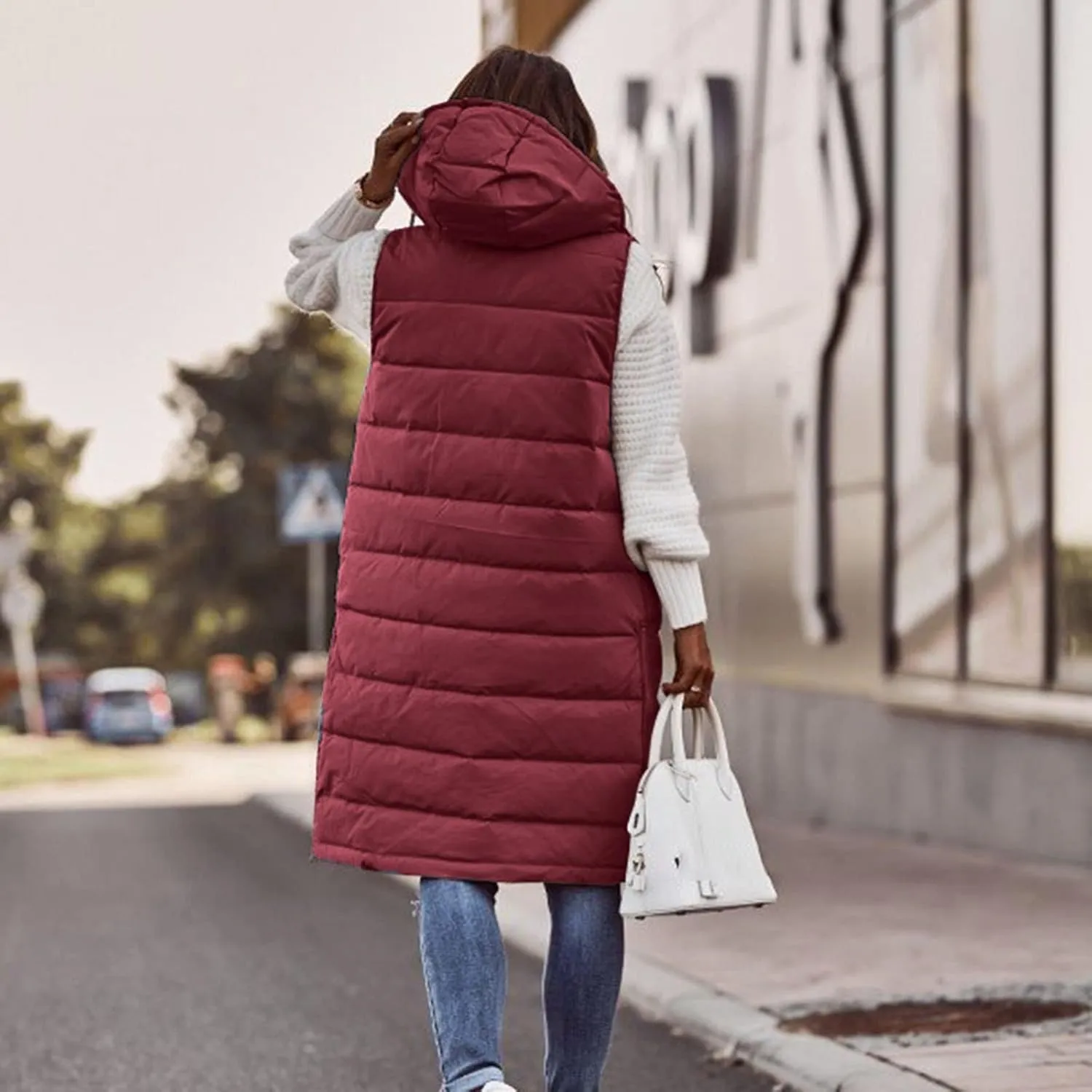 Women's Long Puffer Vest Winter Quilted Hooded Sleeveless Zip Up Down Outerwear Long Jacket Vest Gilet Coat with Pockets