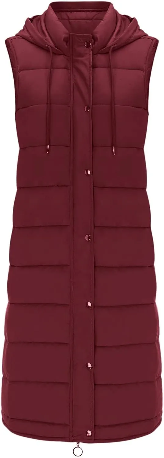 Women's Long Puffer Vest Winter Quilted Hooded Sleeveless Zip Up Down Outerwear Long Jacket Vest Gilet Coat with Pockets