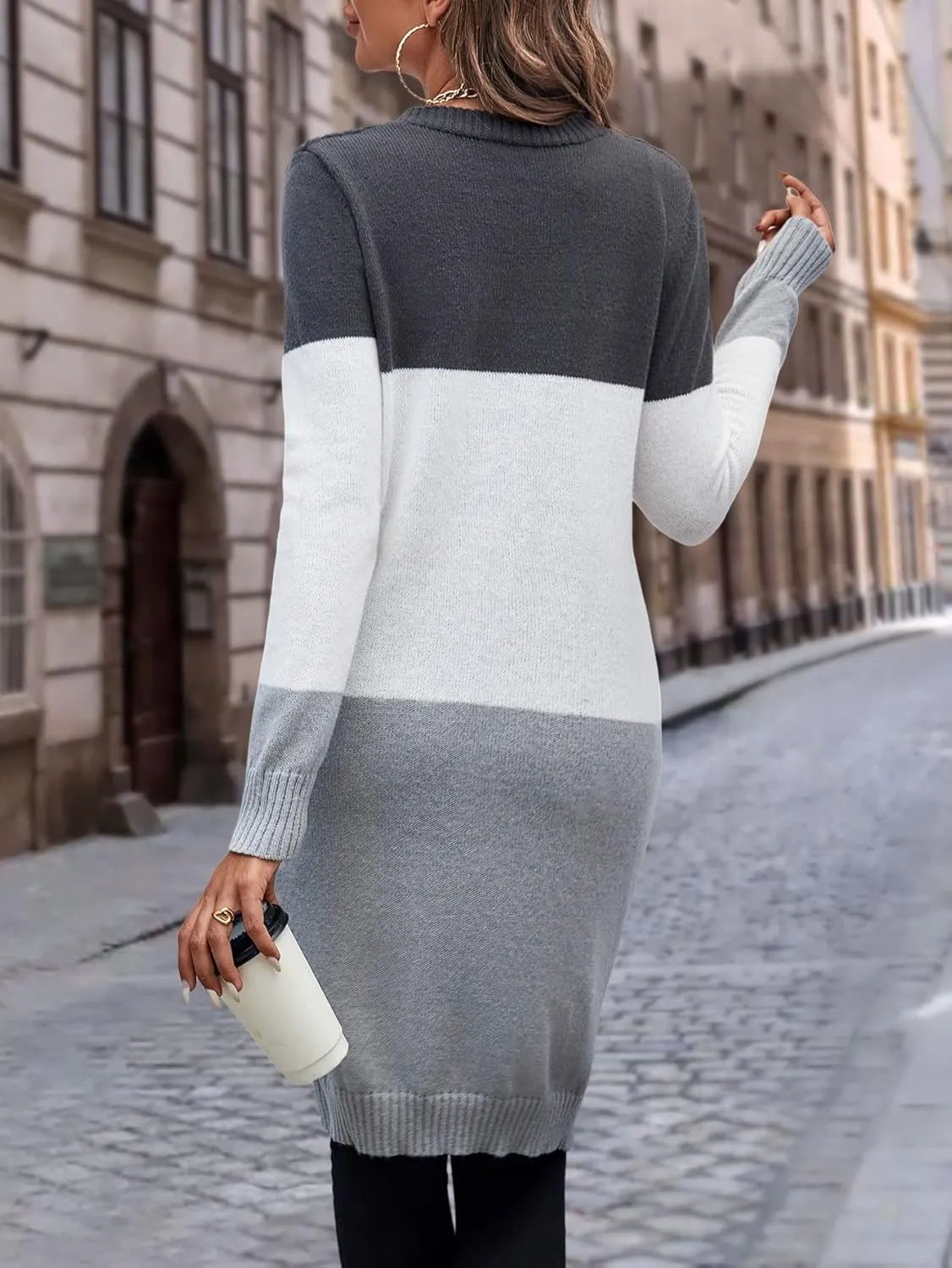 Women's Open Front Cardigan Colorblock Longline Cardigan Sweaters Casual