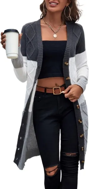Women's Open Front Cardigan Colorblock Longline Cardigan Sweaters Casual