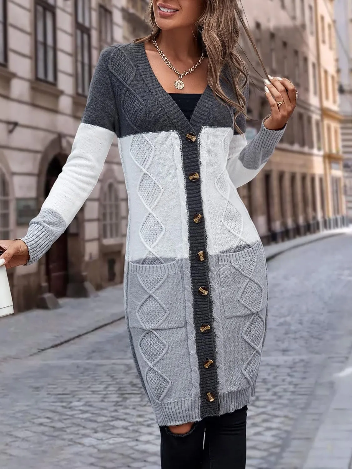 Women's Open Front Cardigan Colorblock Longline Cardigan Sweaters Casual