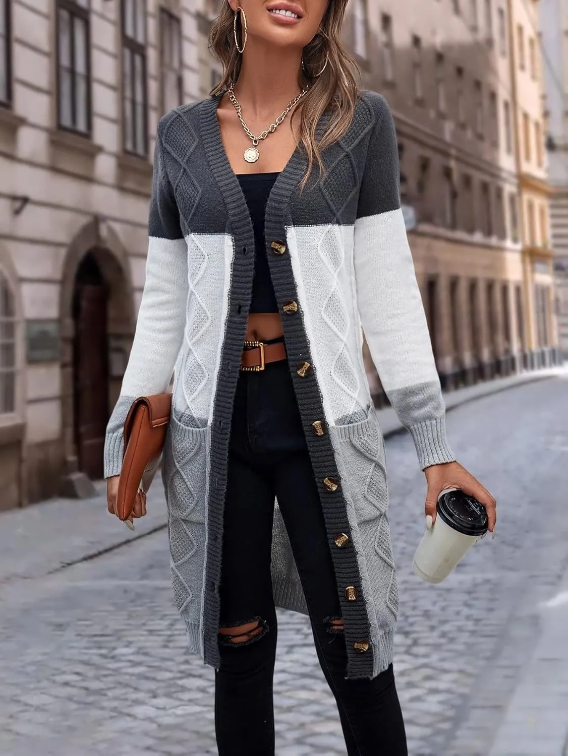 Women's Open Front Cardigan Colorblock Longline Cardigan Sweaters Casual