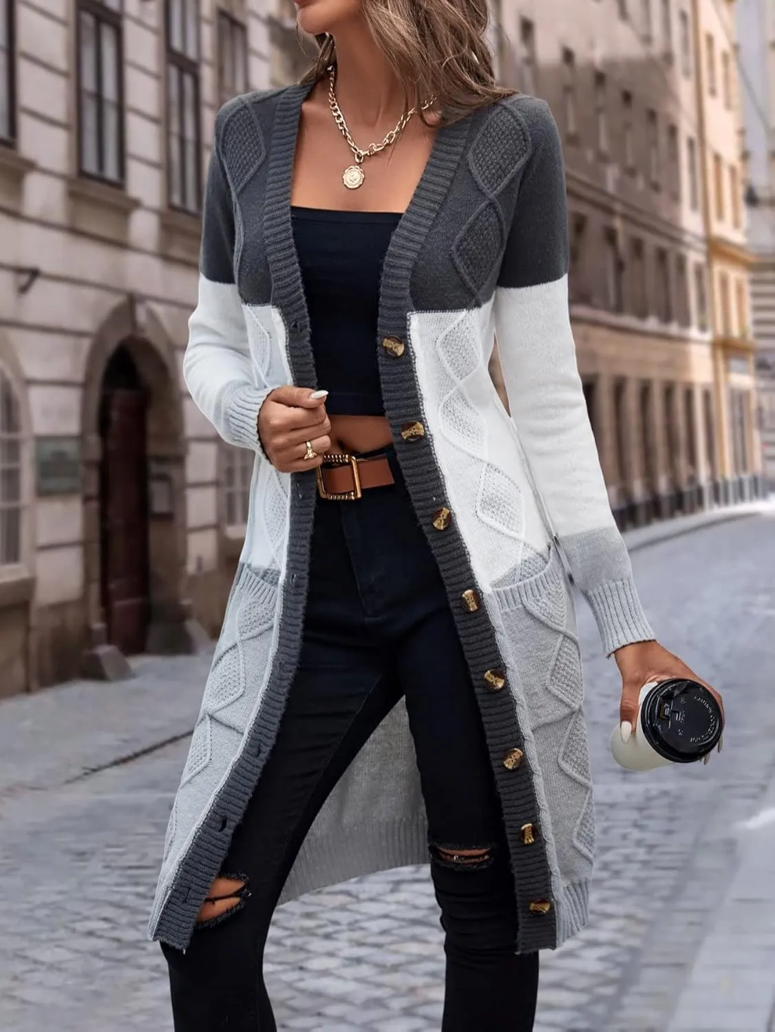 Women's Open Front Cardigan Colorblock Longline Cardigan Sweaters Casual