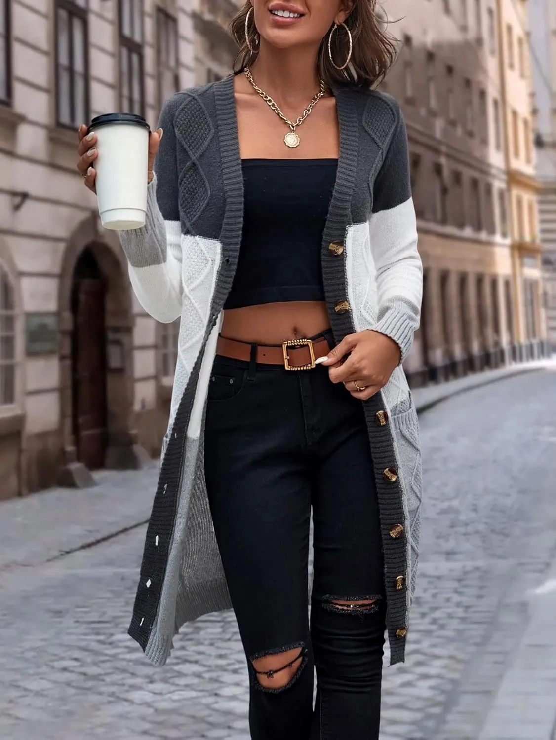 Women's Open Front Cardigan Colorblock Longline Cardigan Sweaters Casual