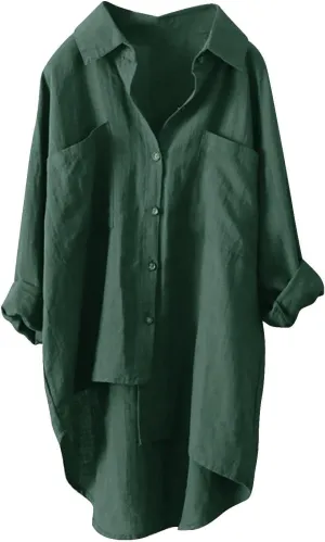 Women's Oversized Cotton Linen Shirts Blouses Tops Long Sleeve High Low Button Up Shirts Plus Size