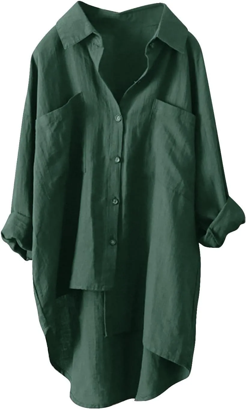 Women's Oversized Cotton Linen Shirts Blouses Tops Long Sleeve High Low Button Up Shirts Plus Size
