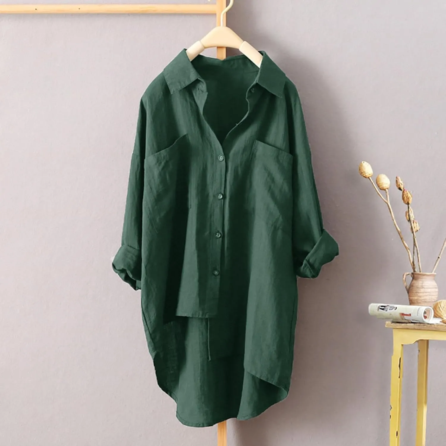 Women's Oversized Cotton Linen Shirts Blouses Tops Long Sleeve High Low Button Up Shirts Plus Size