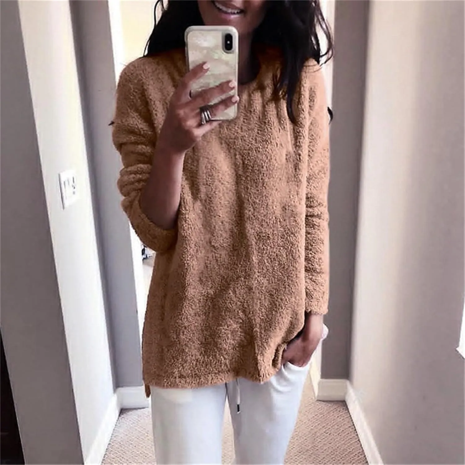 Womens Oversized Fuzzy Sweaters Casual Crewneck Long Sleeve Fleece Pullover Tops Trendy Loose Sherpa Fleece Sweaters