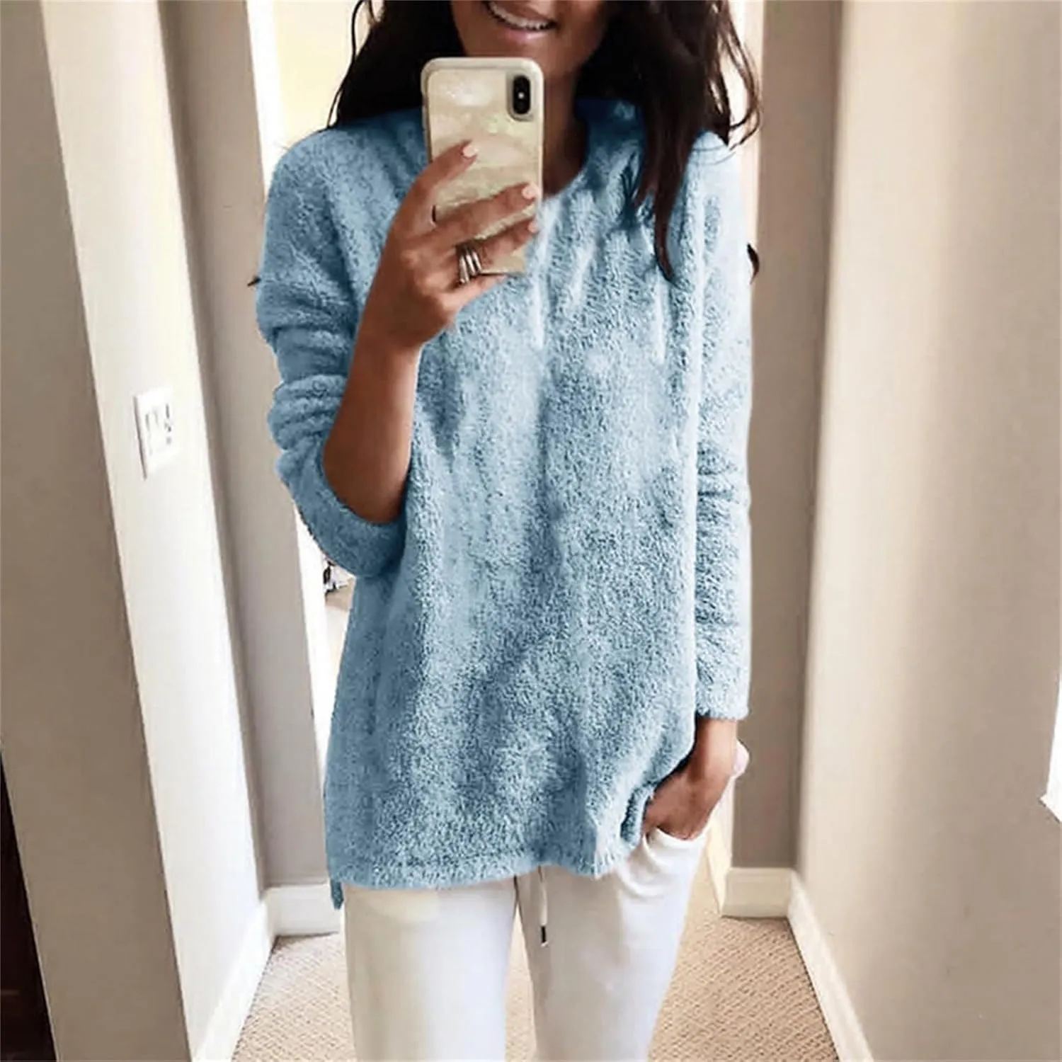 Womens Oversized Fuzzy Sweaters Casual Crewneck Long Sleeve Fleece Pullover Tops Trendy Loose Sherpa Fleece Sweaters