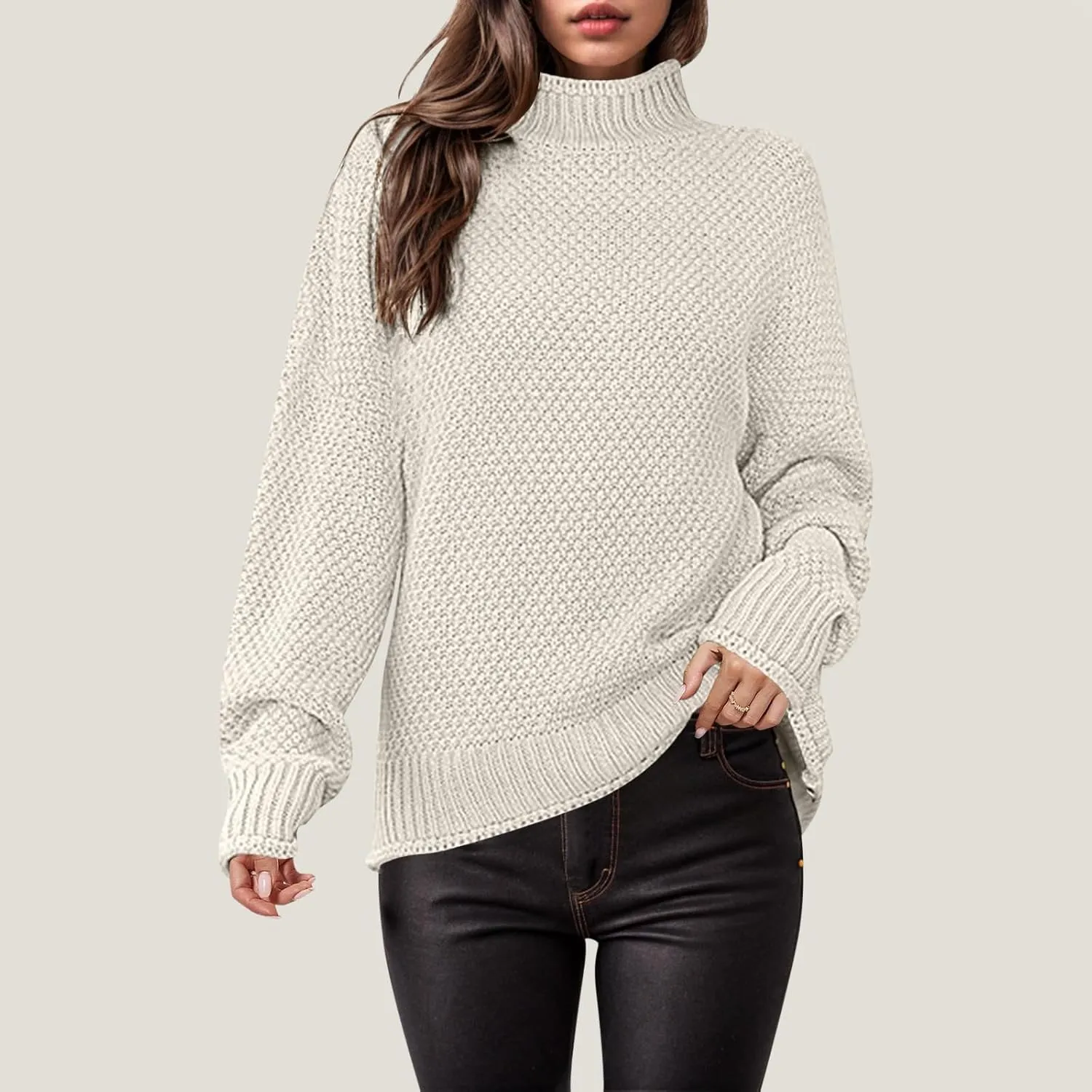 Womens Oversized Mock Neck Batwing Long Sleeve Knit Tunic Sweater Tops 2024 Fall Trendy Pullover Tops
