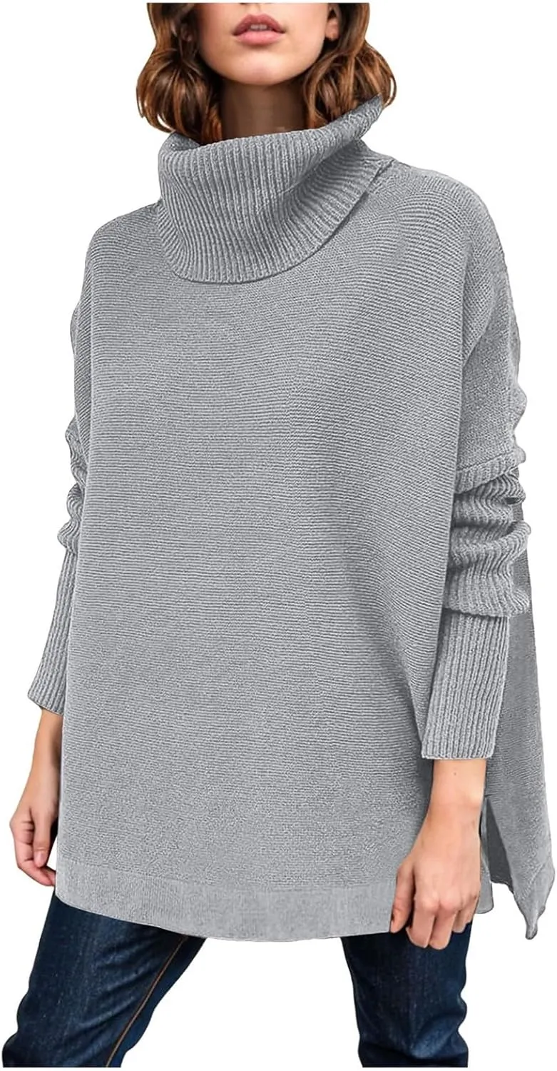 Women's Oversized Turtleneck Batwing Sleeve Spilt Hem Loose Knit Tunic Pullover Sweater Tops 2024