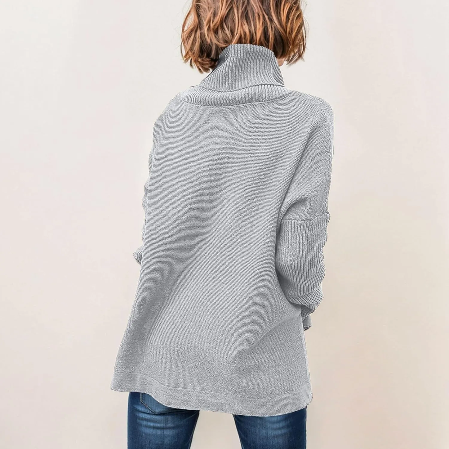 Women's Oversized Turtleneck Batwing Sleeve Spilt Hem Loose Knit Tunic Pullover Sweater Tops 2024