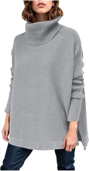 Women's Oversized Turtleneck Batwing Sleeve Spilt Hem Loose Knit Tunic Pullover Sweater Tops 2024