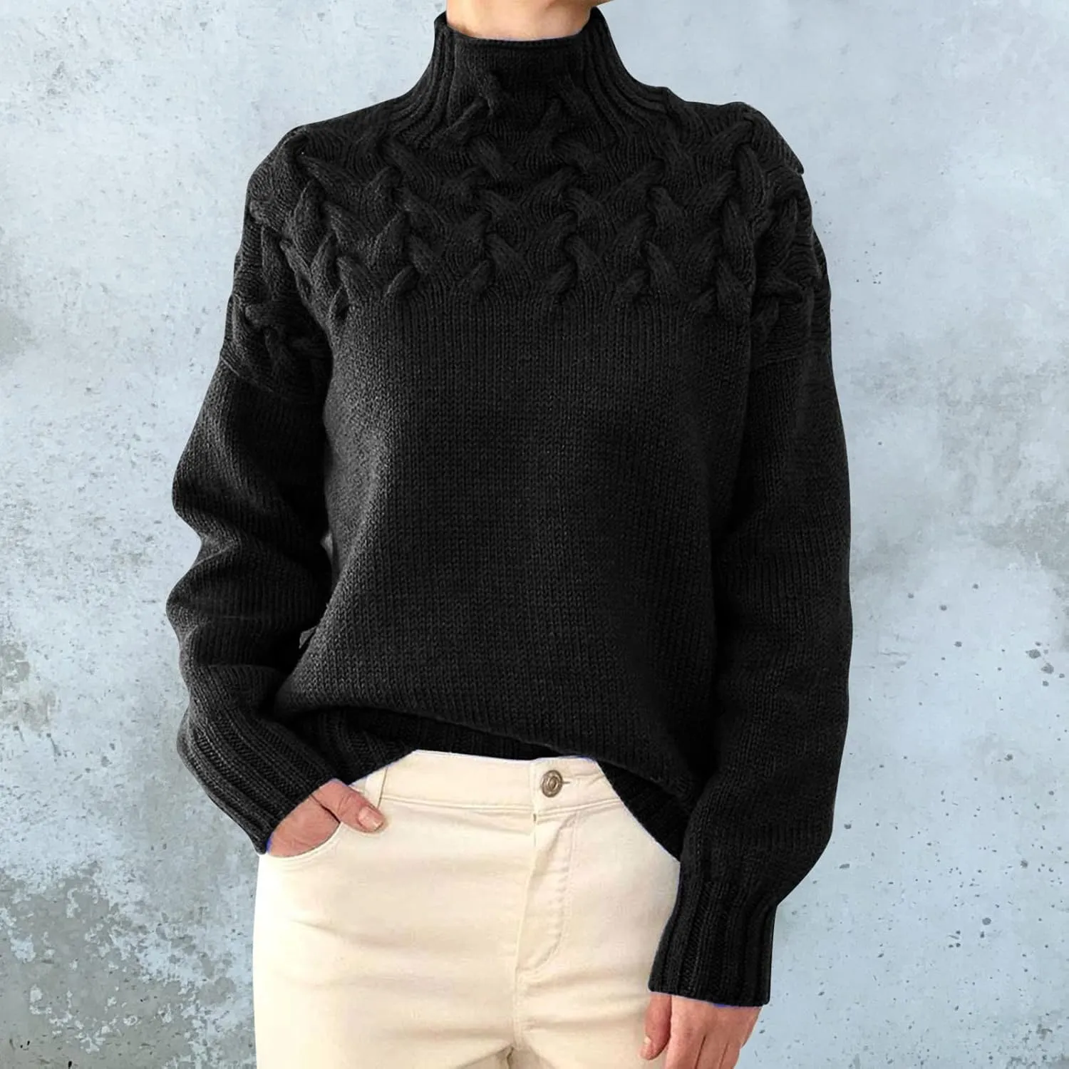 Womens Oversized Turtleneck Pullover Sweater Color Block Sweater Tops Fall 2024 Chunky Cable Knit Pullover Sweaters