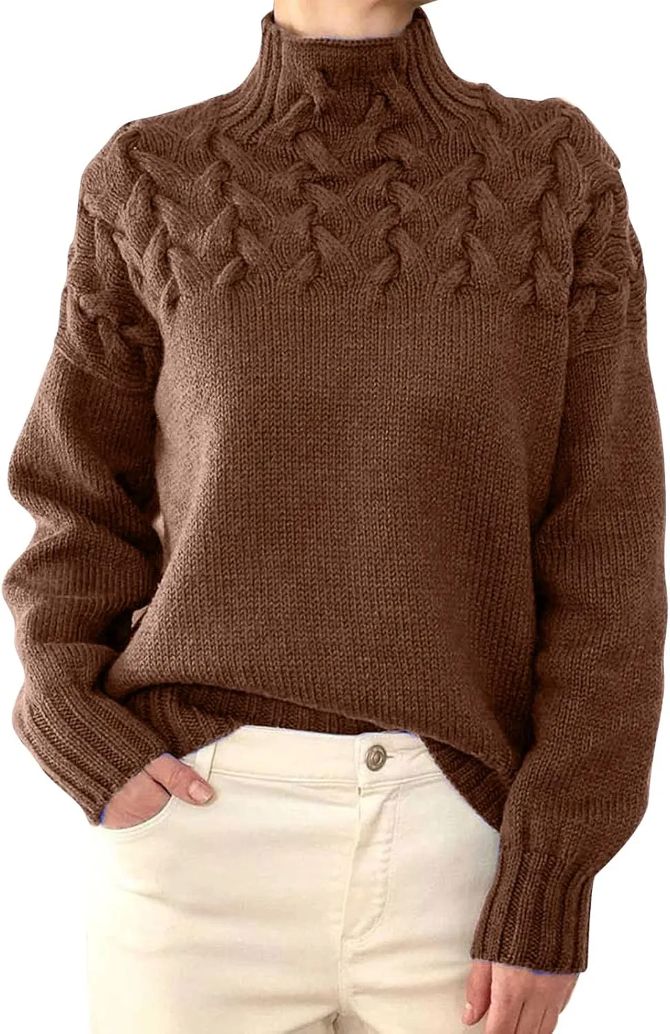 Womens Oversized Turtleneck Pullover Sweater Color Block Sweater Tops Fall 2024 Chunky Cable Knit Pullover Sweaters